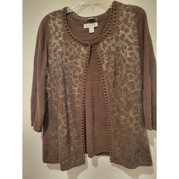 Coldwater Creek Cardigan Sweater Set W/Tank Brown Sequin 3/4 Sleeve Women's Lg - Picture 2 of 12
